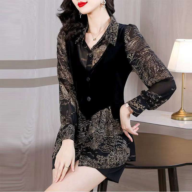 Faux chemisier deux pièces pour femme, col polo, bouton épissé, imprimé, mode, mince, manches longues, unique, haut de chemise, automne, hiver, nouveau, 2024