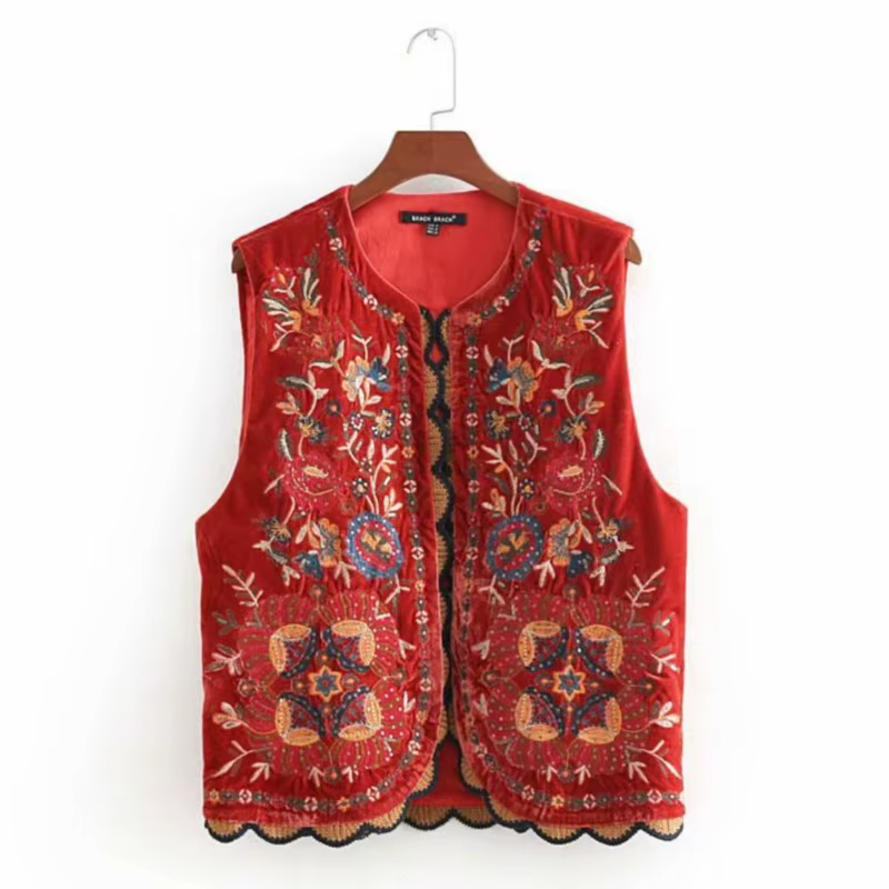 Gilet en Velours Brodé de Fleurs pour Femme, Tenue Décontractée, Couture Ouverte, Style Ethnique