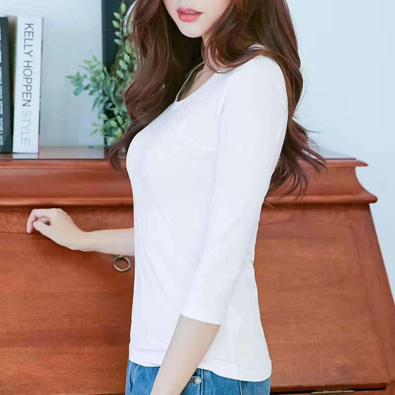 T-shirt manches 3/4 96% coton et 4% élasthanne qualité femmes printemps haut d'été coupe ajustée blanc noir col rond t-shirts chemises de Base décontractées