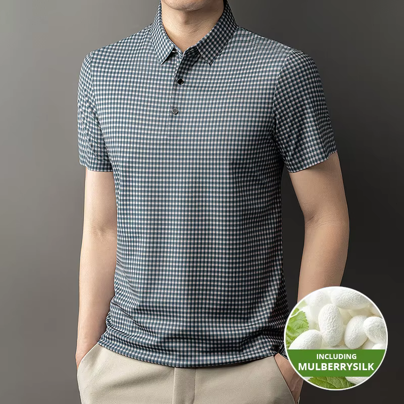2025 Top Grade mûrier soie Anti-rides nouvelle marque d'été Polo à manches courtes décontracté hauts mode à carreaux hommes vêtements