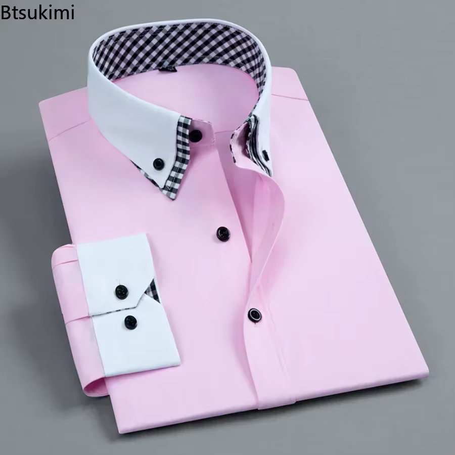 2026 chemise habillée pour hommes Non fer mode Double couche à manches longues affaires formelle coupe régulière bureau Camisa chemises sociales mâle
