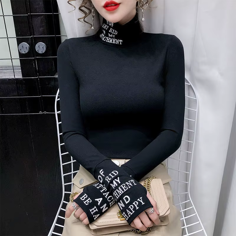 T-shirt à manches longues et col roulé en coton pour femme