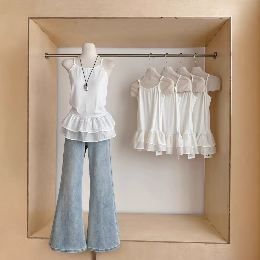 Haut Camisole blanc pour femmes, avec jupe Double couche à volants, débardeur sans manches, épissure amincissante, gilet de Base sans bretelles
