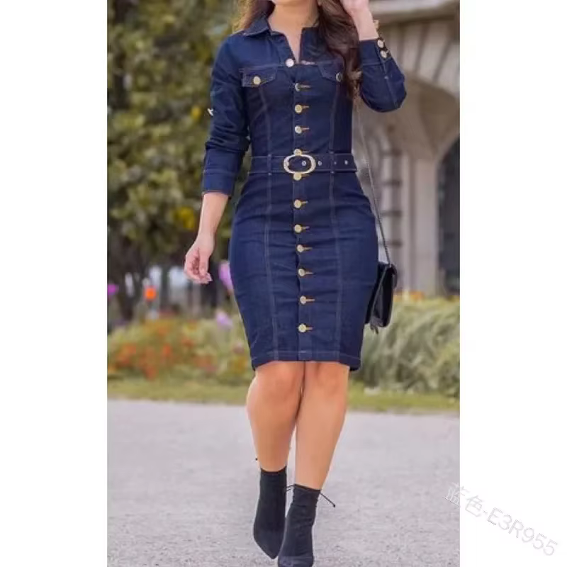 Nouvelle robe en jean femmes revers coupe ajustée élégante robes crayon à manches longues taille haute simple boutonnage jean robes Largos Mujer