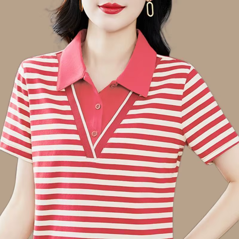 Polo rayé pour femme, haut décontracté d'été avec col contrastant et devant boutonné, pour femmes d'âge moyen