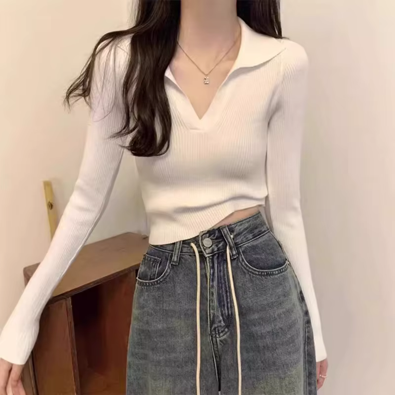 Tempérament polo revers pull à manches longues pour les femmes automne hiver coupe ajustée intérieure pure luxure style haut col en v chemise de fond