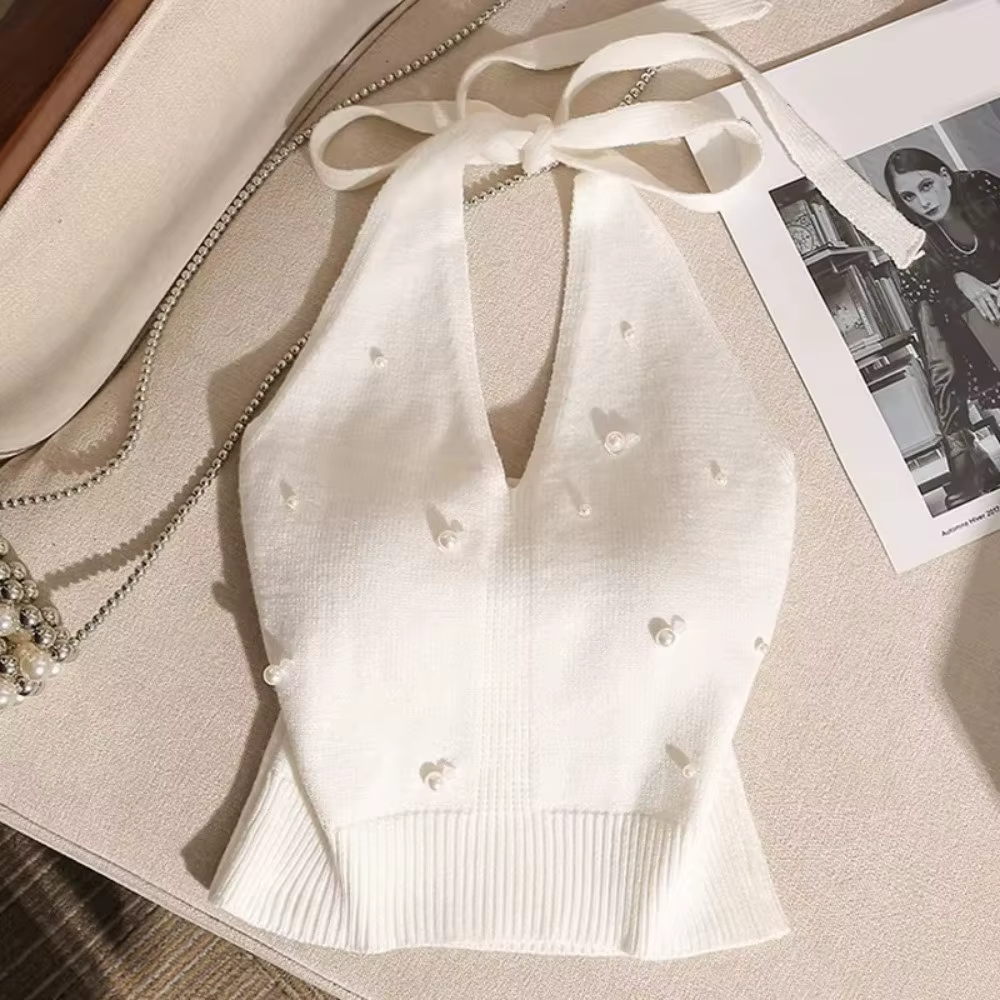 Gilet sans dos en tricot avec perles françaises