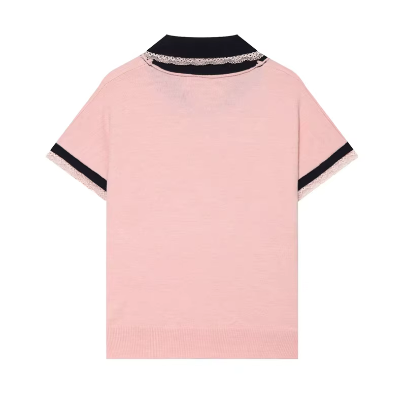 T-shirt pour femmes, nouveau haut cardigan à manches courtes avec bordure en dentelle contrastante