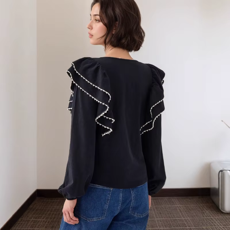 2025 populaire bord à volants couleur contrastée épissage revers simple rangée multi bouton haut polyvalent pour les femmes
