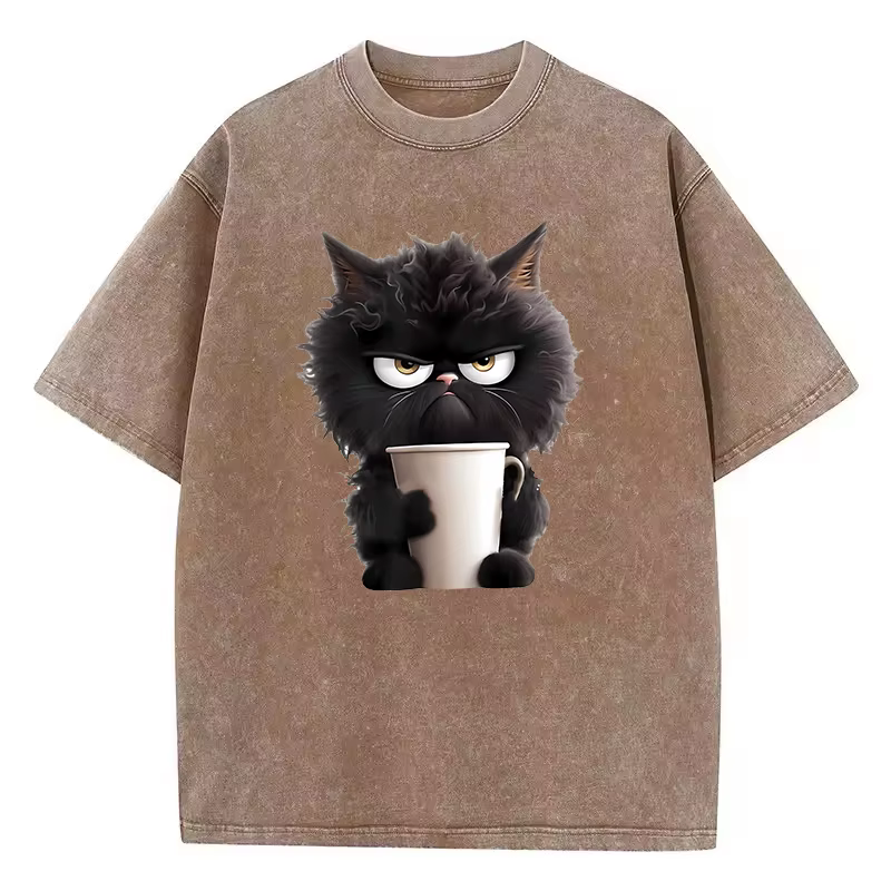 T-Shirt Vintage café chat lavé 100% coton T-Shirt graphique T-Shirt décontracté Streetwear printemps été