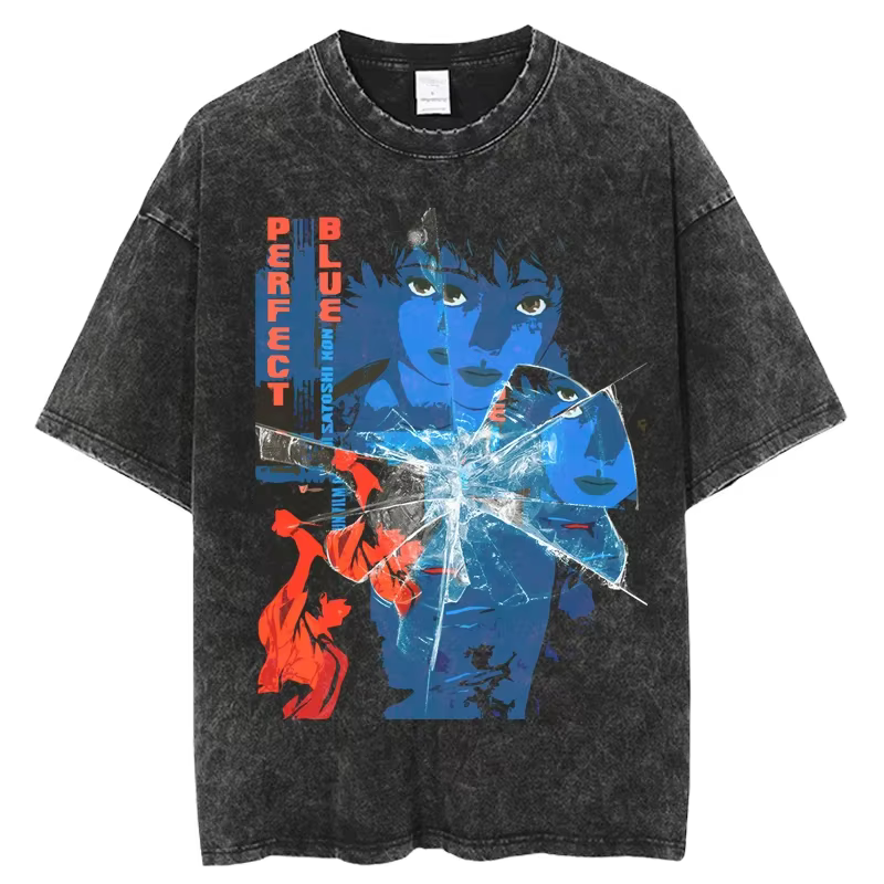 Anime japonais parfait bleu T-shirt hommes femmes vêtements Vintage lavé surdimensionné