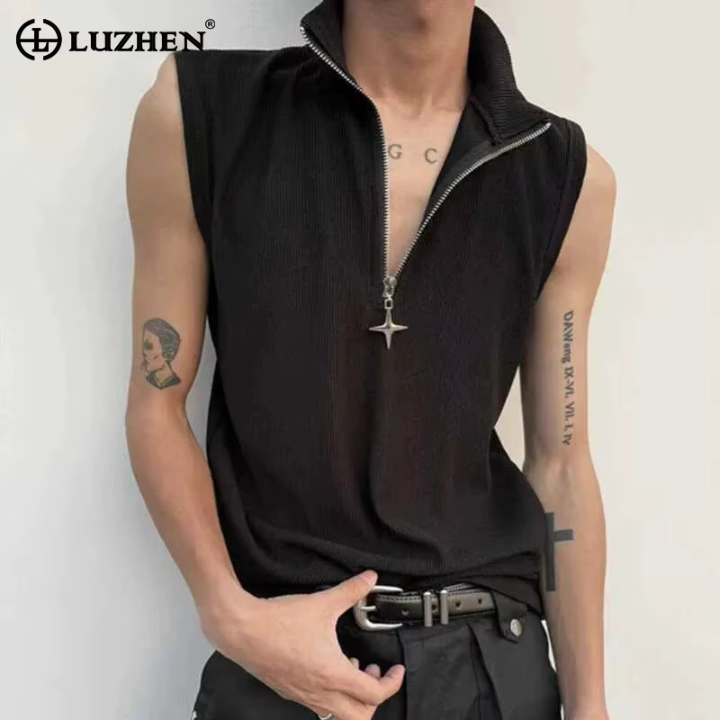 LUZHEN couleur unie fermeture éclair décorer T-shirts sans manches hommes 2025 été Original Streetwear à la mode col montant débardeurs JY2796