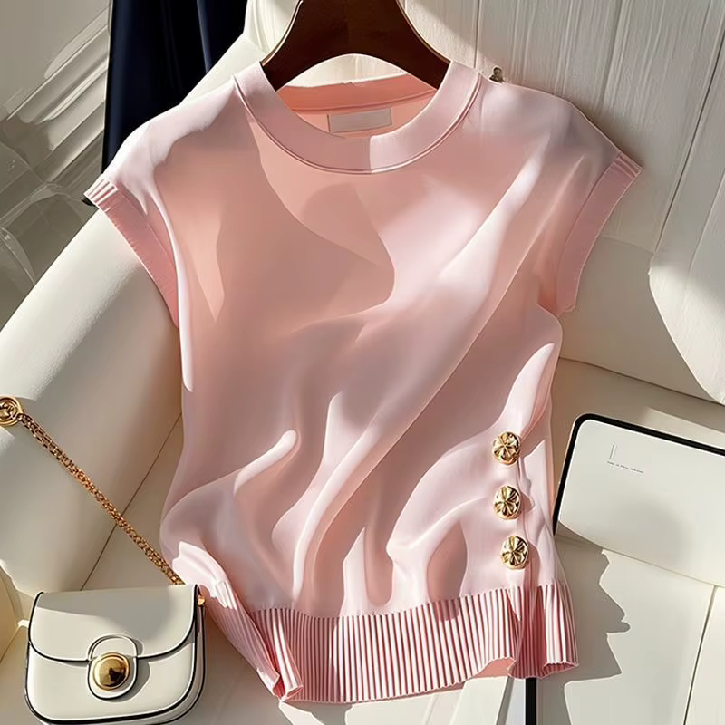 Nouveau pull d'été à col rond pour femme, décontracté, chic, confortable, élégant, sans manches, en tricot