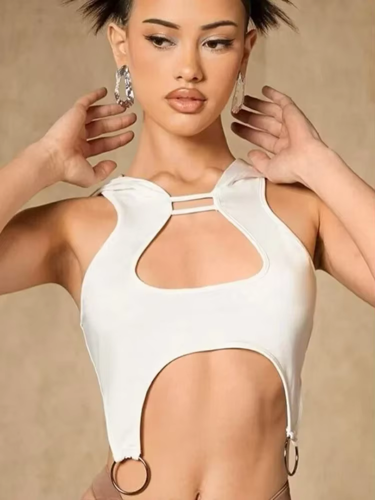 Crop top à capuche blanc uni pour femme