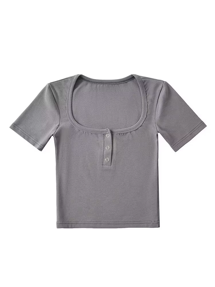 T-shirt court à manches courtes pour femmes, avec boutons sur le devant