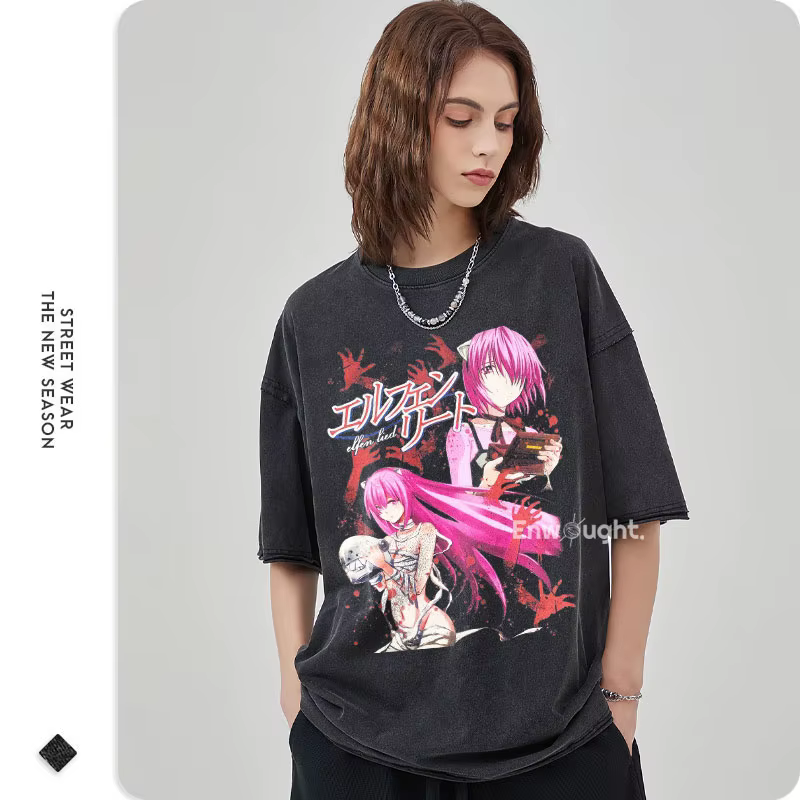 Anime Elfen Lied T-shirt Vintage lavé Y2K Manga motif haut t-shirts surdimensionné à manches courtes DTG impression