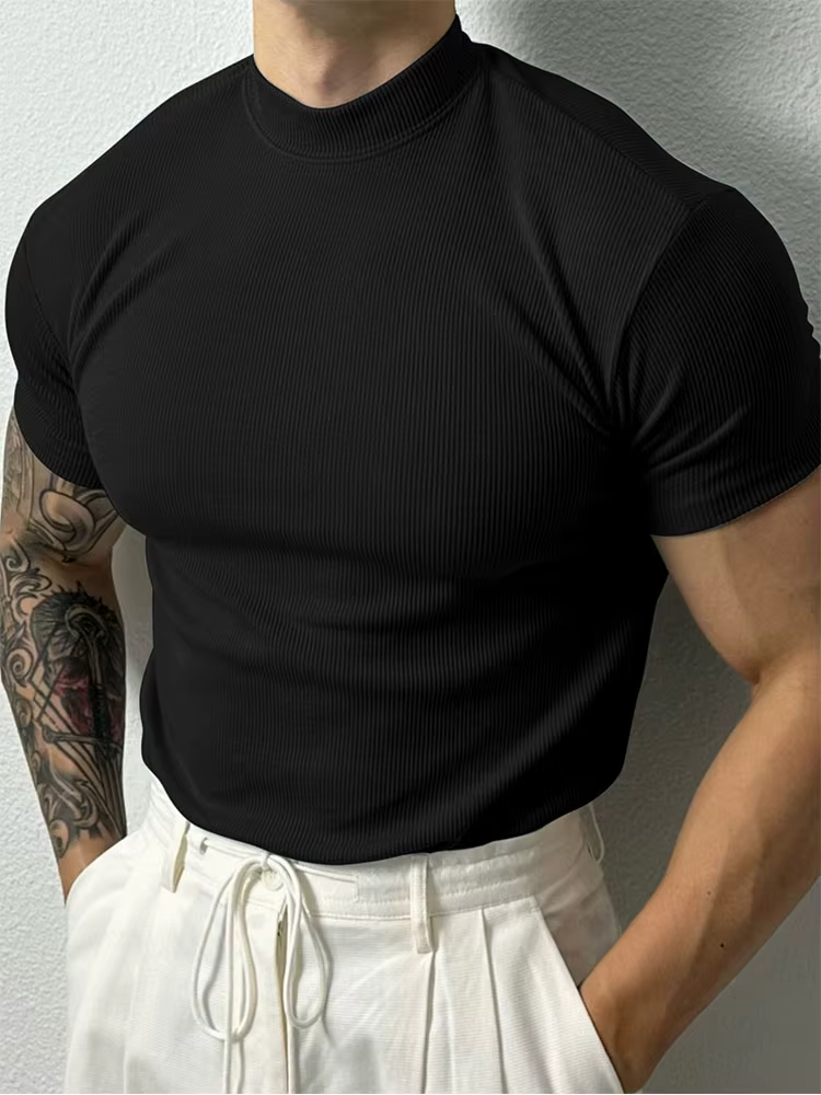 Printemps été mode hommes T-shirt petit col haut chemise à rayures à manches courtes