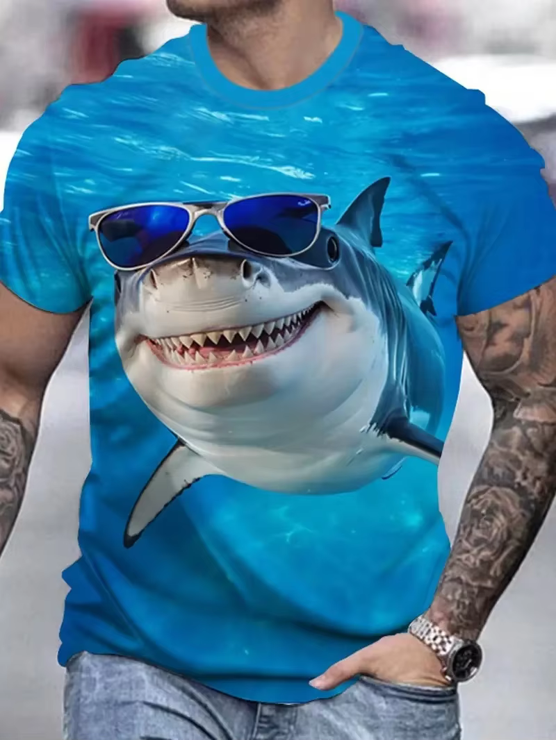 T-shirt à manches courtes pour homme avec imprimé requin et lunettes de soleil