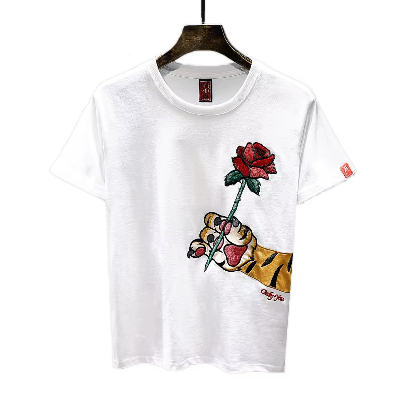 Rose brodé T-shirt à manches courtes hommes 2025 nouvel été décontracté col rond ample haut