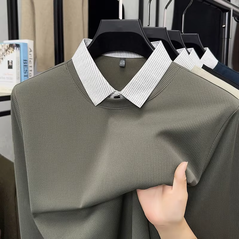 Nouveau Polo Homme 2026 Effet Deux Pièces – T-shirt Décontracté à Manches Longues et Col
