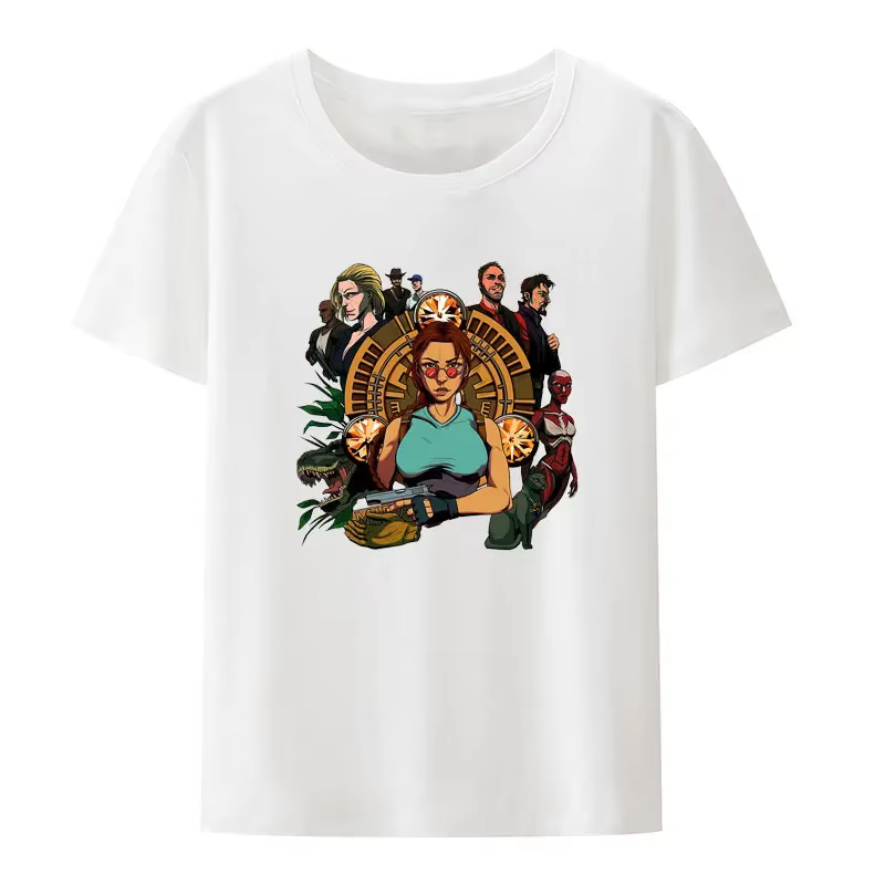 Tomb Raider Lara Croft noir blanc imprimé t-shirt hommes femmes à manches courtes col rond mode Streetwear créatif populaire Hipster chemise