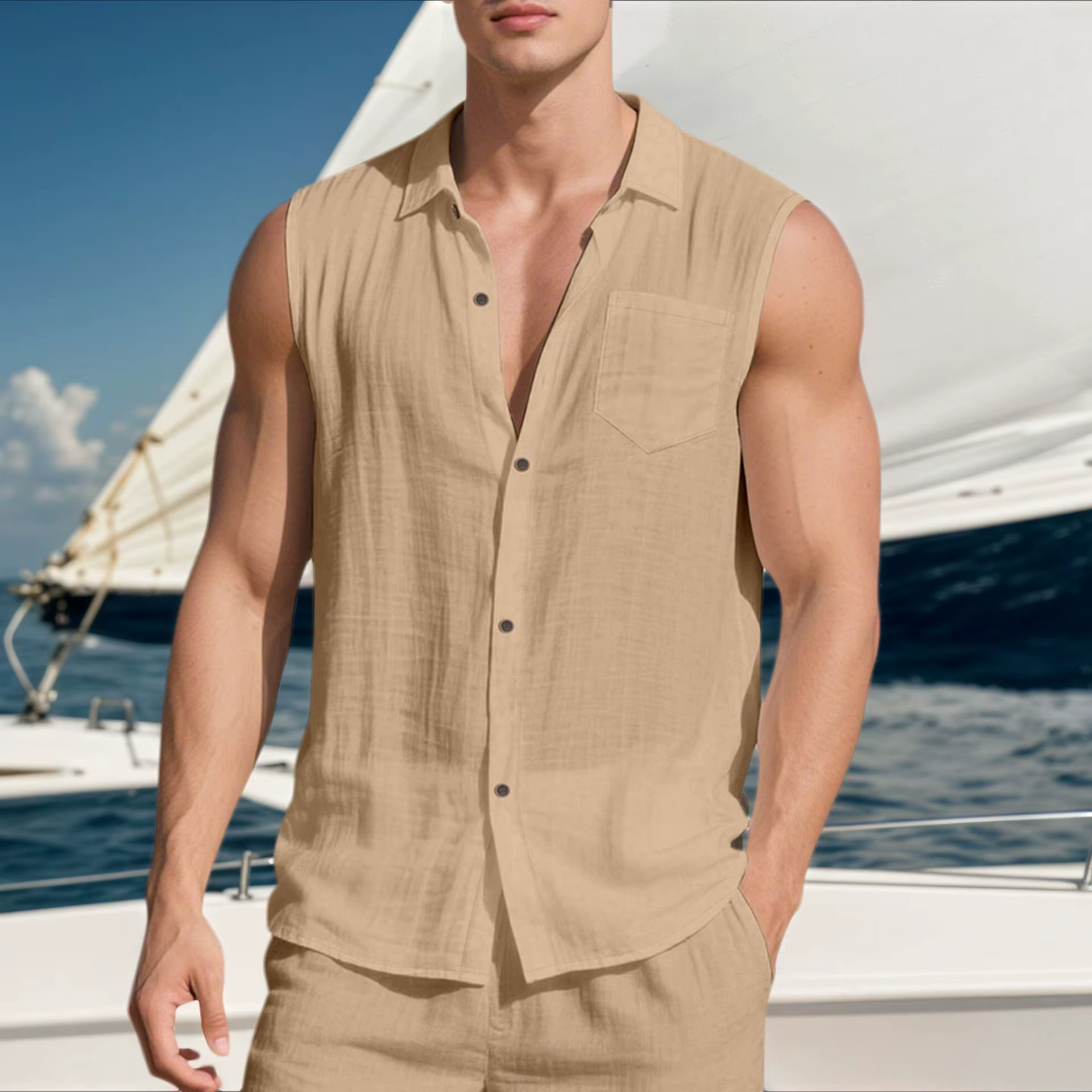 Chemise de plage décontractée sans manches en lin à col pour homme