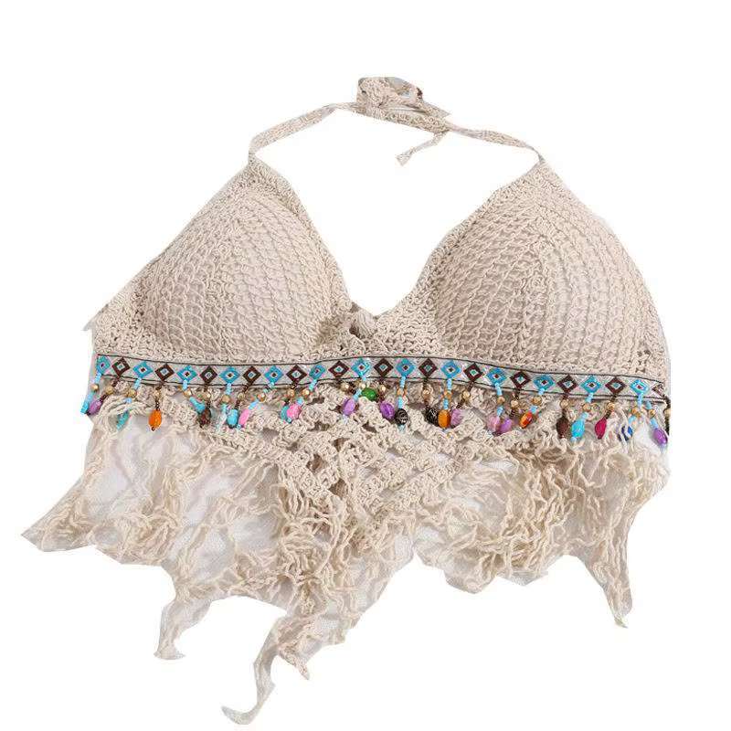 Ensemble trois pièces de plage sans dos en dentelle ajourée avec protection solaire : débardeur