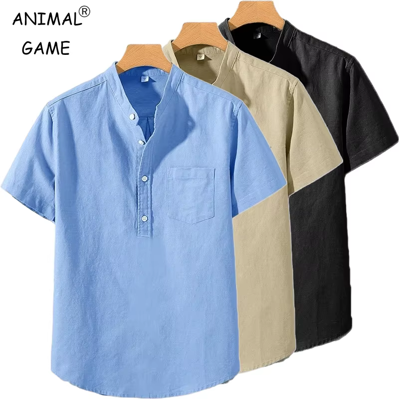 Nouveaux hommes à manches courtes t-shirts couleur unie col montant chemise été à la mode respirant ample jeunesse basique coton poche haut