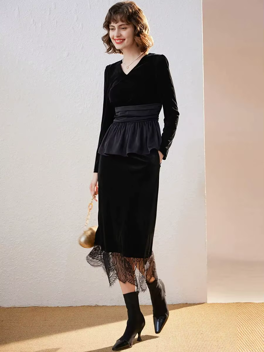 Modiis Yao-Haut en velours vintage pour femme, col en V, chemise à manches longues, conception d'ourlet épissé, automne, 2023