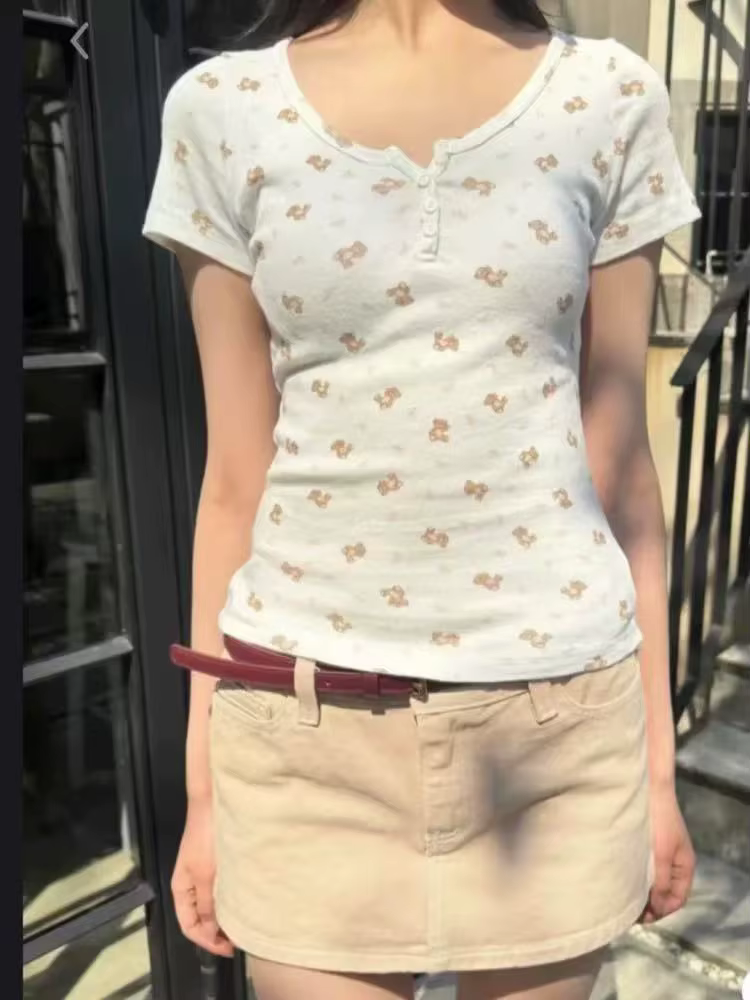 Mignon petit ours nœud imprimé boutons T-shirt femme nouveau décontracté col rond manches courtes coton t-shirts doux Vintage T-shirt Y2k hauts