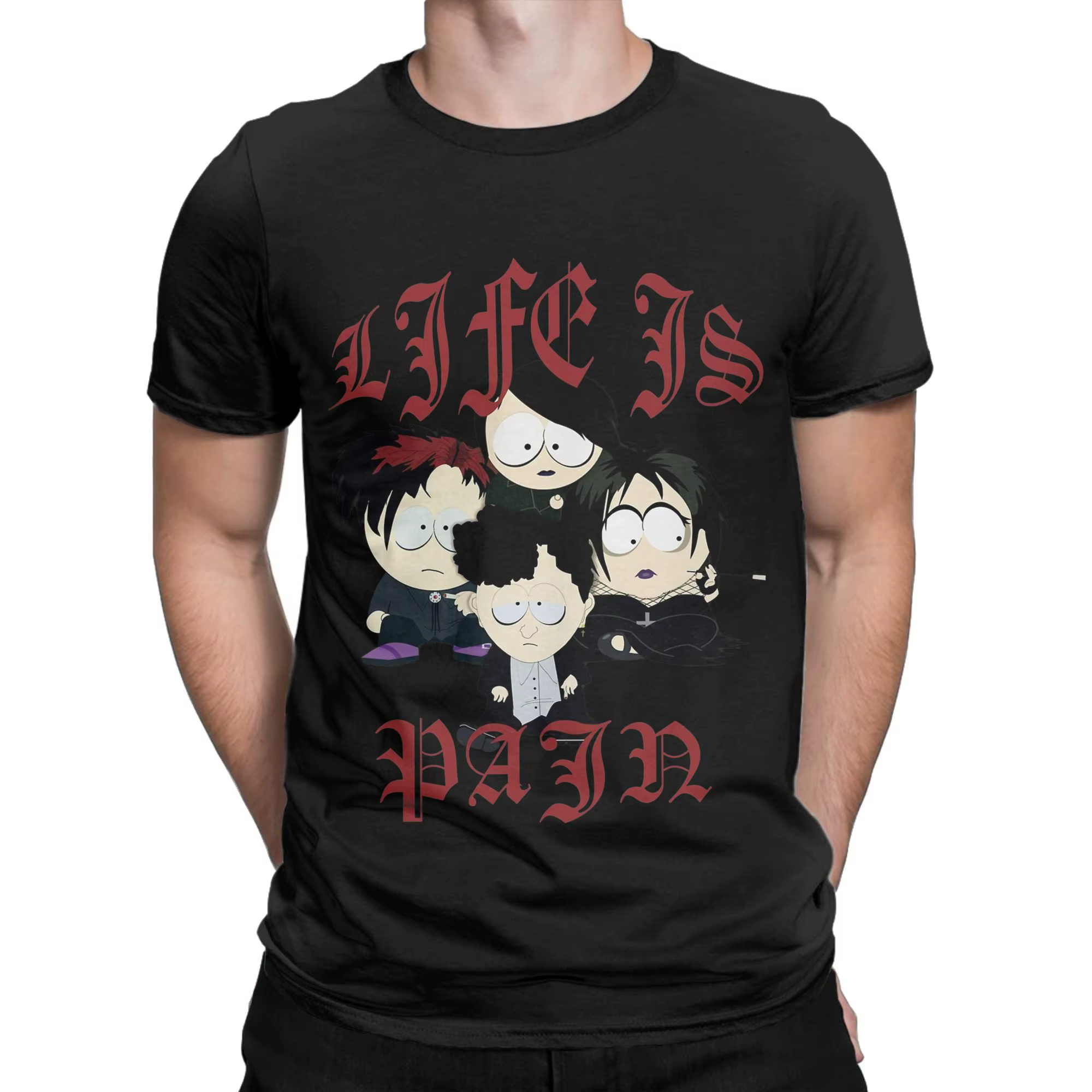 Souths Parks t-shirt été les enfants Goth la vie est douleur Hip Hop T-Shirts hommes col rond grande taille à manches