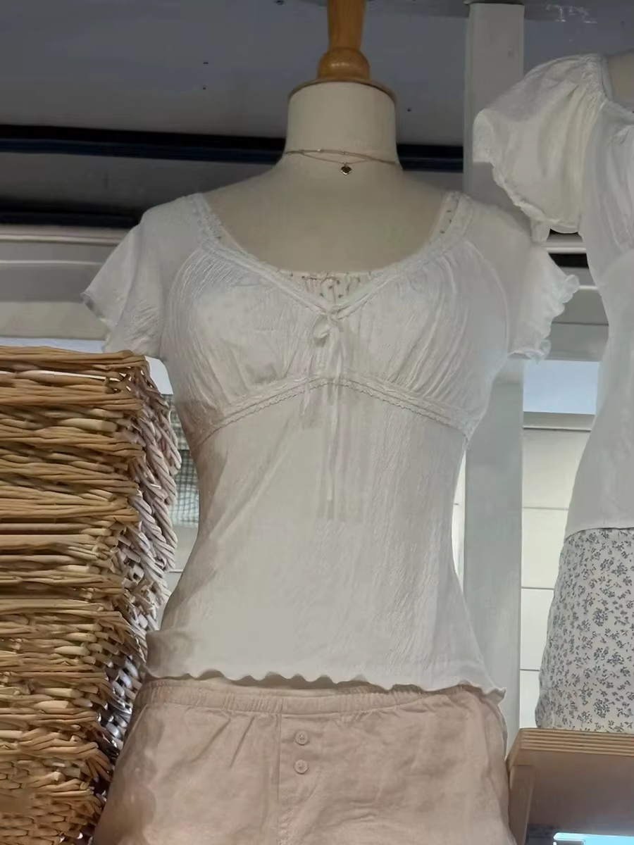 Blanc plis col en v cordon mince T-shirts femmes été nouveau coton décontracté à manches courtes