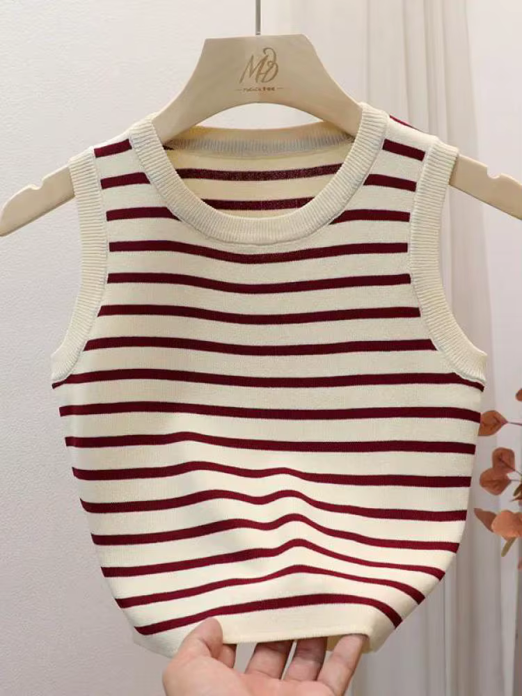 Nouveauté 2026 – Débardeurs rayés tricotés sans manches pour femme – T-shirts courts élastiques et ajustés – Gilets décontractés à col en V – Camisoles pull-over
