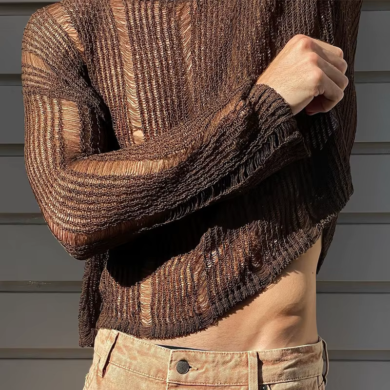 Hommes t-shirts nouvelle mode tissé couleur unie haut en maille tricot chemise mince à manches longues Sexy T-shirt