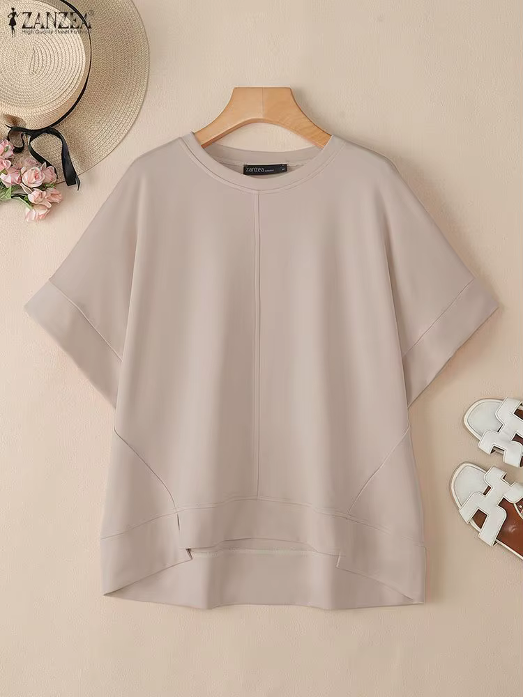 ZANZEA Streetwear ourlet asymétrique T-Shirts femmes décontracté col rond demi manches Patchwork