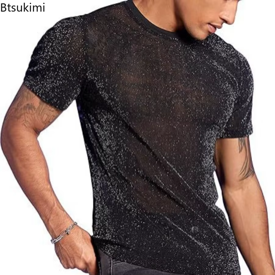 Hommes mode paillettes voir à travers T-Shirts été à manches courtes col rond décontracté hauts mâle Vintage brillant couleur unie mince T-shirt