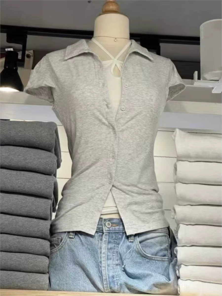 Boutons blancs T-shirts à manches courtes femmes été coton doux col rabattu Style Preppy hauts Blouse