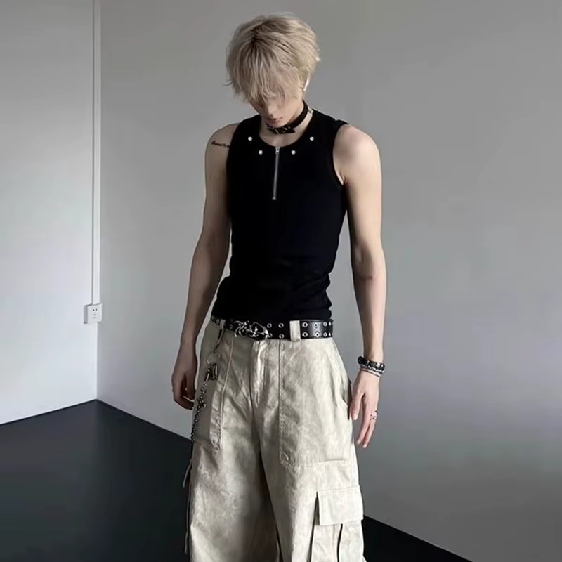LUZHEN fermeture éclair Rivet métal décorer couleur unie vêtements de rue hommes 2025 été mince sans manches T-shirts à la mode débardeurs JY2794