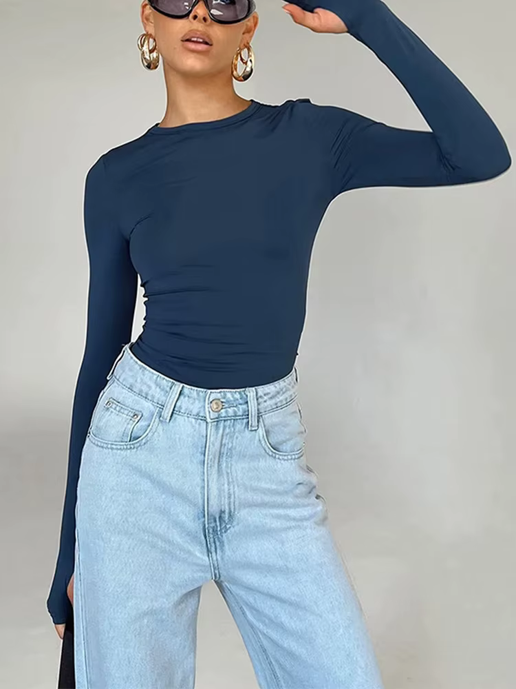 T-shirt à manches longues et col rond pour femme