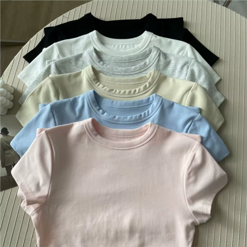 T-shirts en coton rose à col rond pour femmes