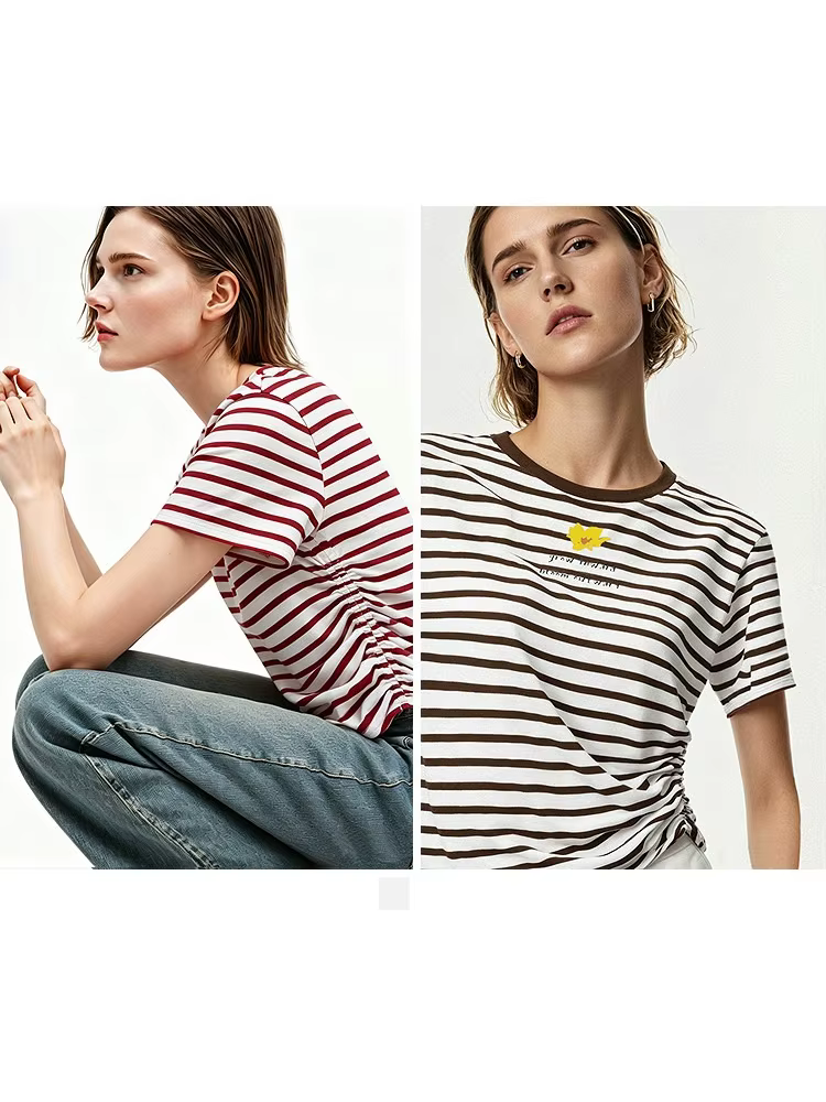 T-shirt Amii pour femme – Nouvelle collection été 2026 – Col rond, manches courtes, polyvalent, décontracté, imprimé à rayures color block – Haut pour femme 12622201