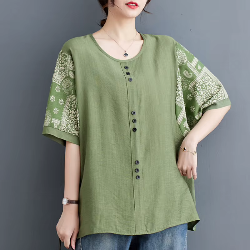Grande taille coton lin femmes T-Shirt été coupe ample imprimé cinq manches boutonné chemise décontractée à la mode