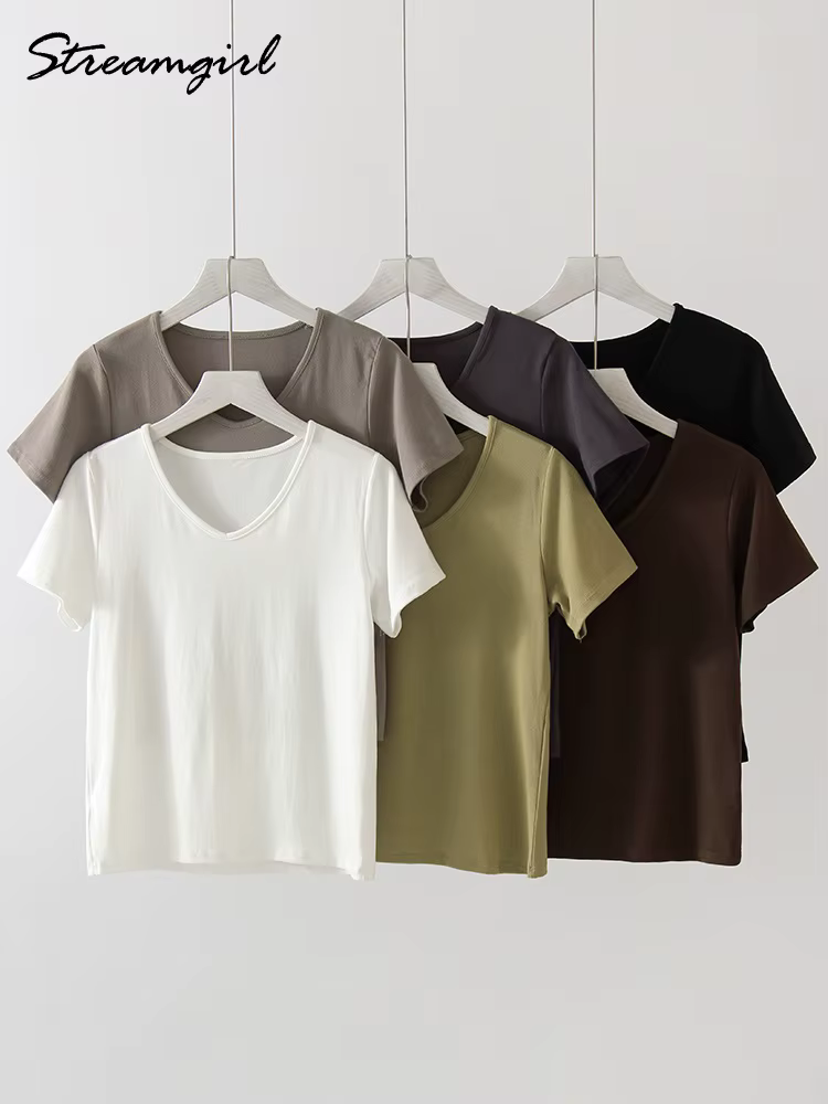 T-shirt Streamgirl d'été en modal à col en V et manches courtes pour femme