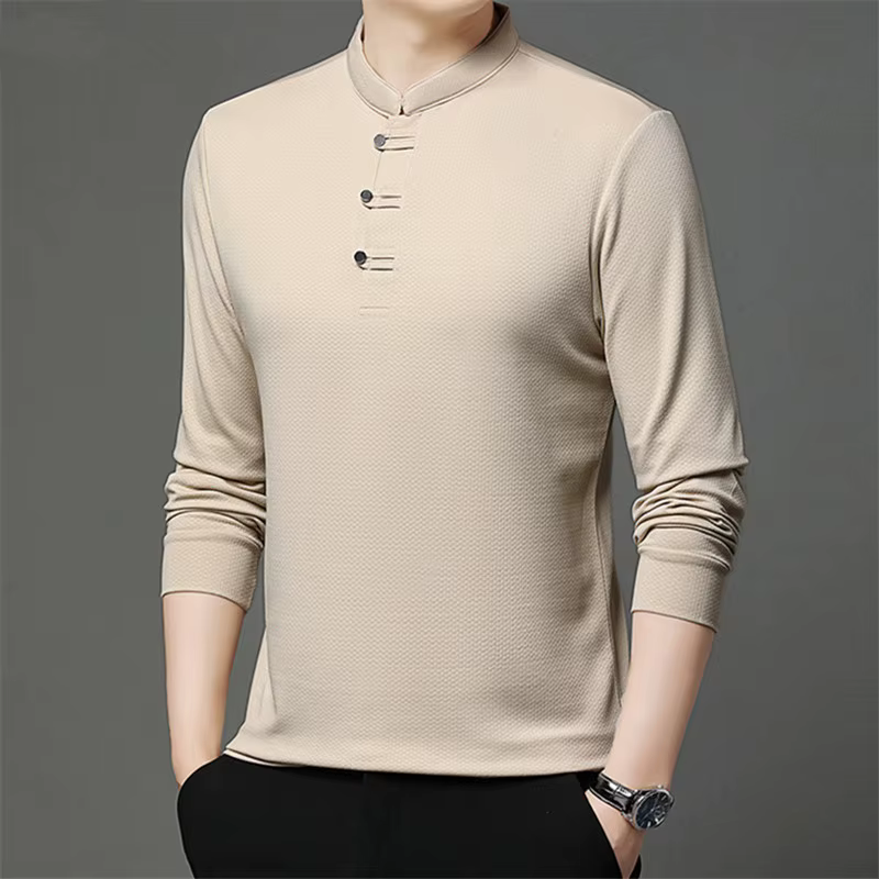 Printemps automne hommes Style chinois col montant polos mode coupe ajustée à manches longues