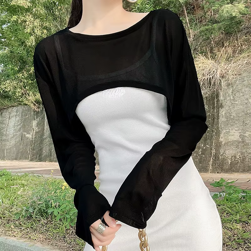 T-shirt transparent à manches longues et col rond pour femme