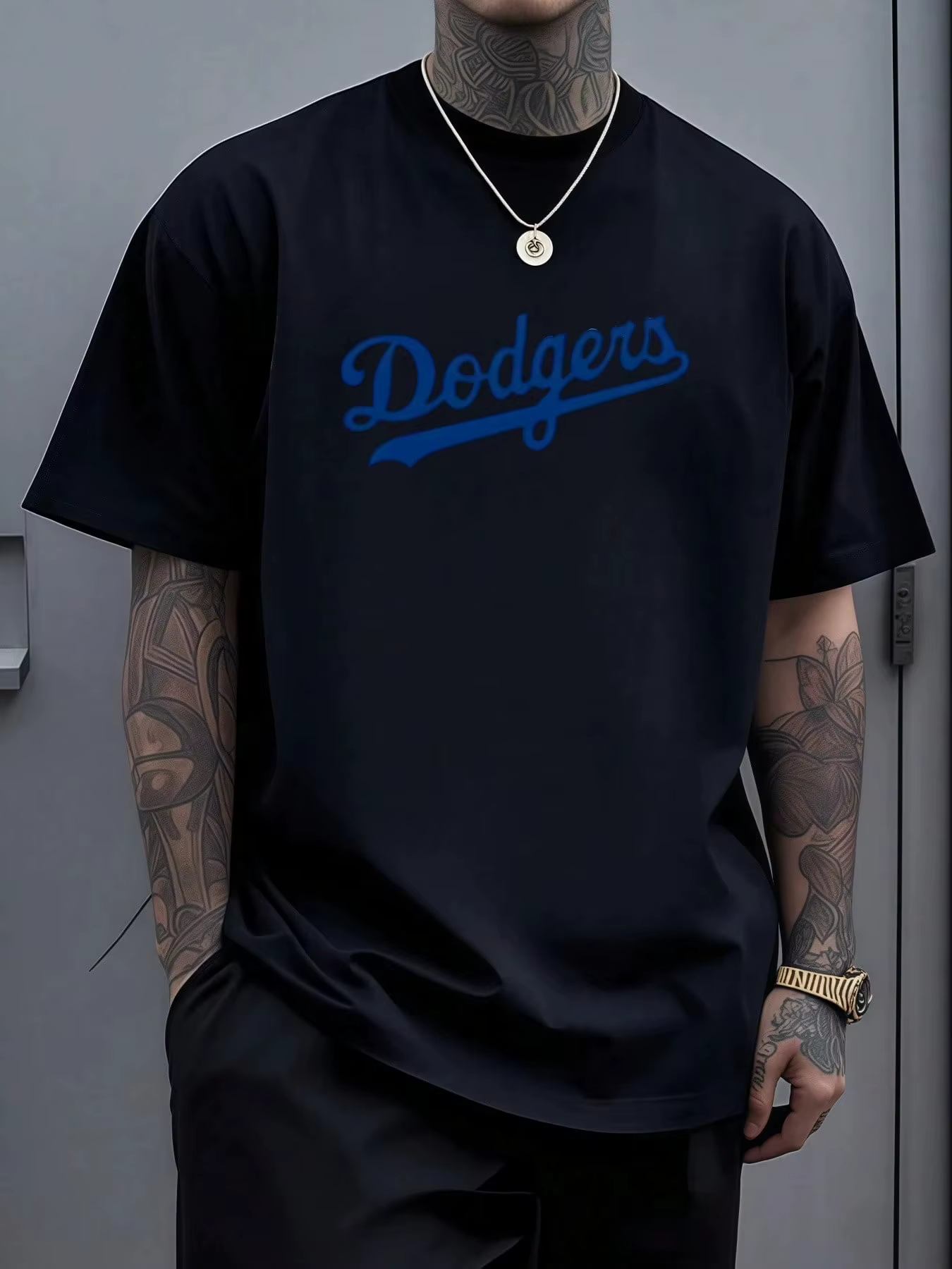 T-shirt pour homme 2026 avec emblème des Dodgers en lettres cursives bleu foncé