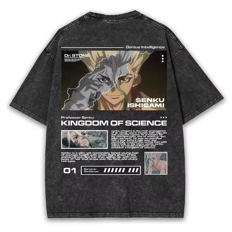 Nouveau Ishigami Senku T-shirt graphique Dr. Stone Anime Vintage lavé surdimensionné