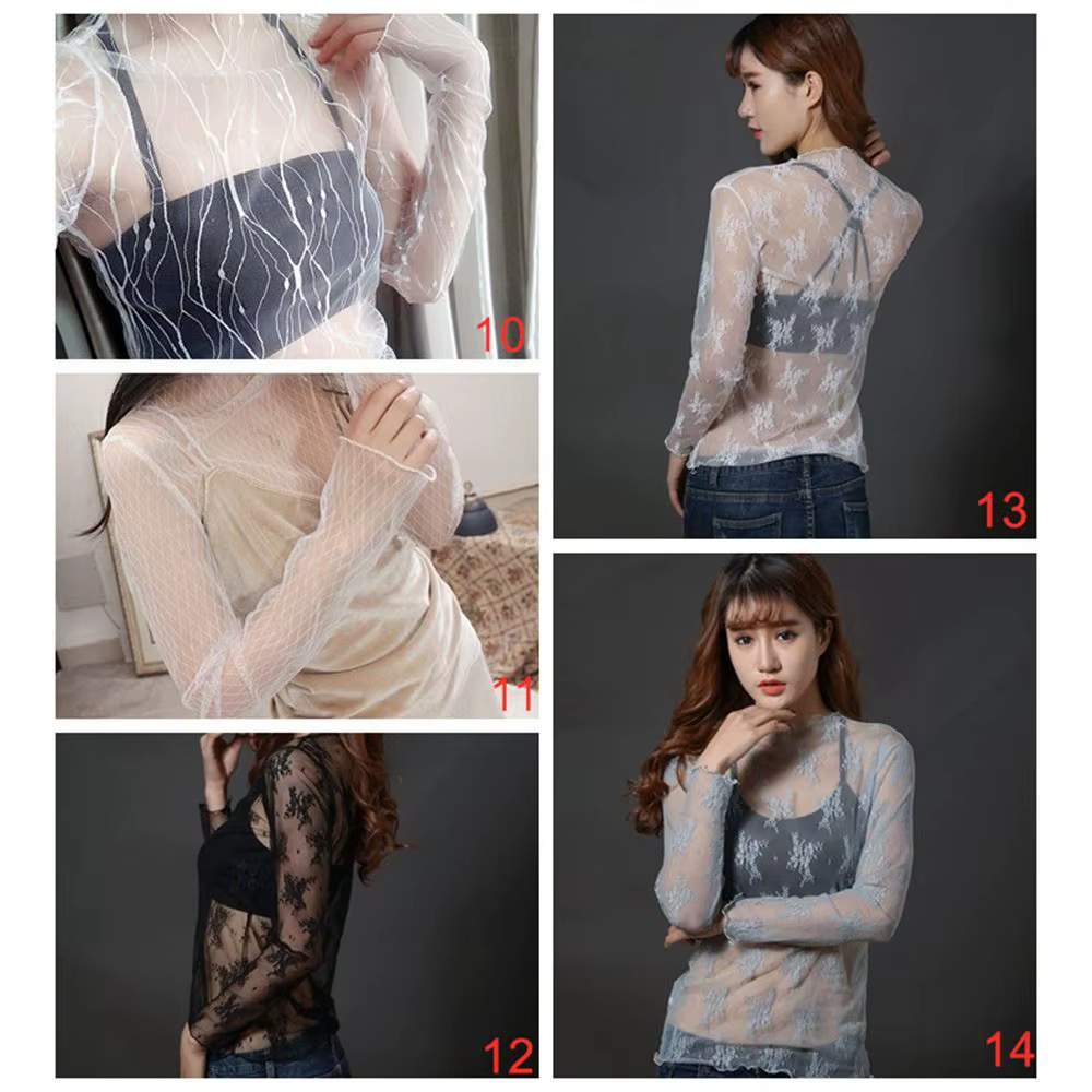 Transparent dentelle T-shirt maille résille à manches longues