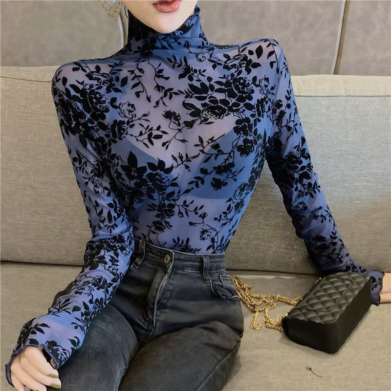 Taille M-XXXL Transparent flocage maille T-shirt femmes col roulé mince à manches longues t-shirts filles élastiques