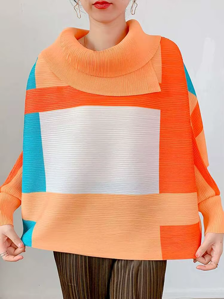 LANMREM 2025 mode nouveau T-shirt plissé pour les femmes Laple manches longues hauts amples bloc de couleur femme vêtements printemps 2YA771